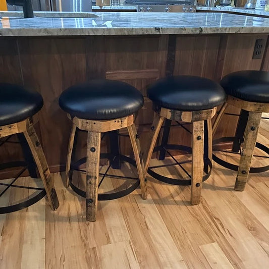Whiskey Barrel Stave Bar Stools with Cushioned Swivel Seats