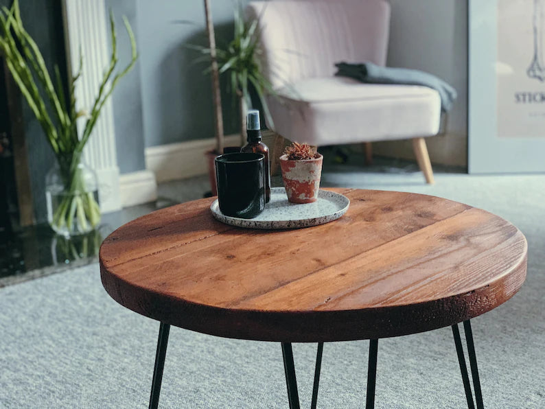 Handmade Round Wood Coffee Table with Hairpin Legs